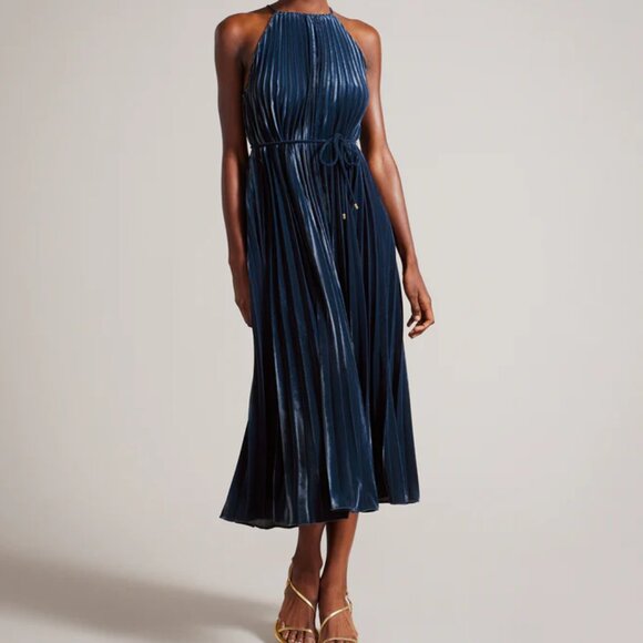 Ted Baker Women's Kassiah Pleated Halter Dress In Navy- Size 4 - Picture 1 of 15